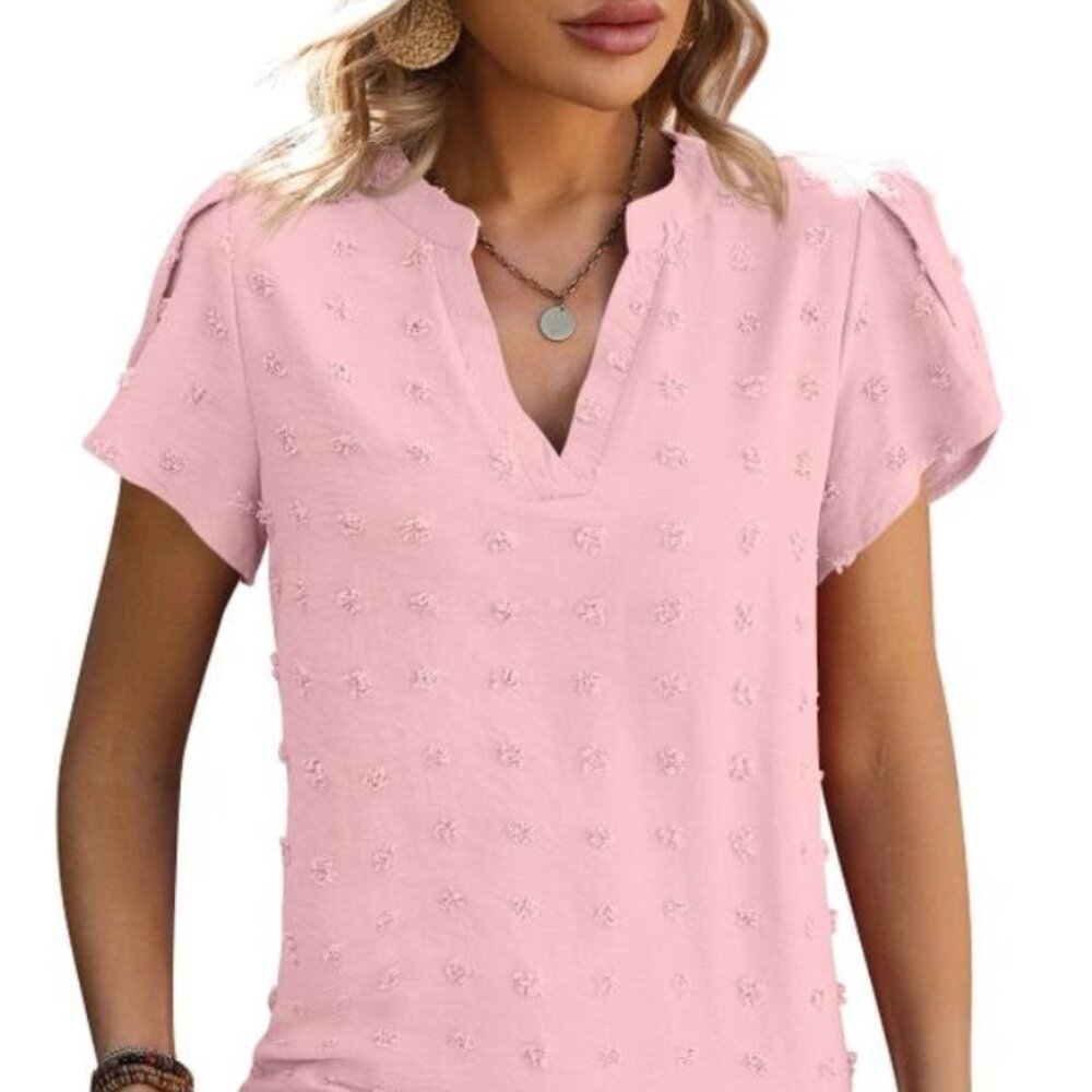 V-Neck Chiffon Swiss Dot Top with Petal Sleeves Shirt "LIGHT PINK"